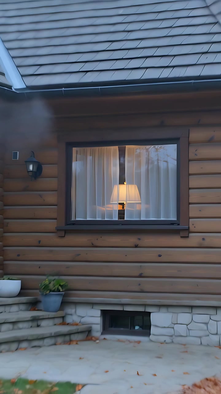 Vertical video: Pulling back camera showing lit lamp in sheers on log home to reveal fall leaves