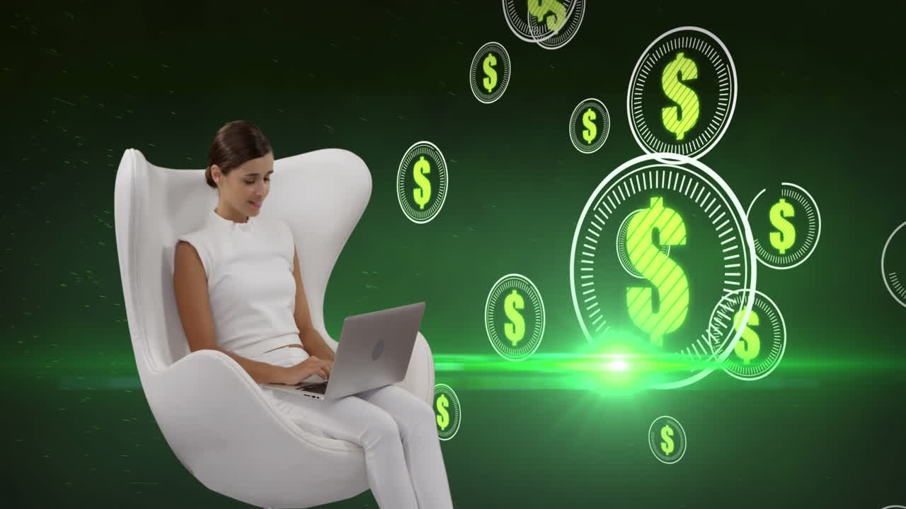 símbolos de dólar sobre múltiples escáneres redondos flotando sobre una mujer caucásica que usa una tableta digital