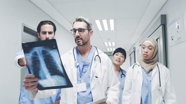 Un team di medici che cammina nel corridoio dell'ospedale discutendo una radiografia e le note del paziente 4k