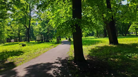 drone overviews a green urban european city park under sunny daylight pan left