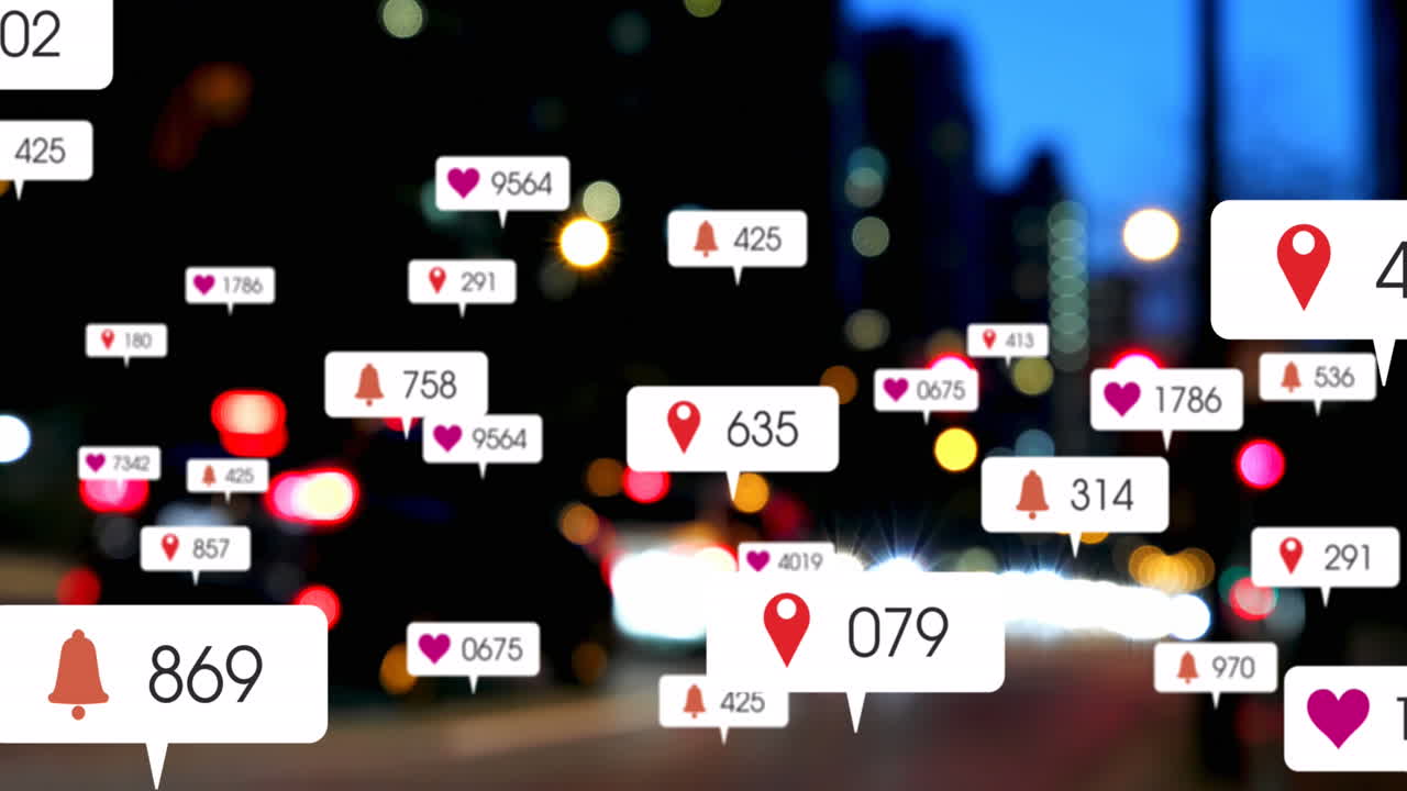 Animation of social media icons and numbers over out of focus city and traffic lights