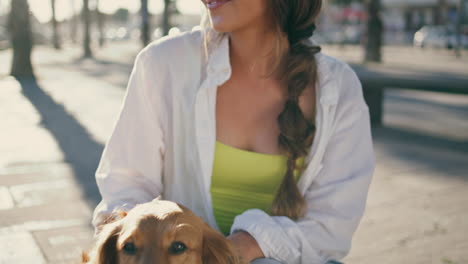 woman hands stroking pet in summer street closeup. happy girl rubbing ginger dog