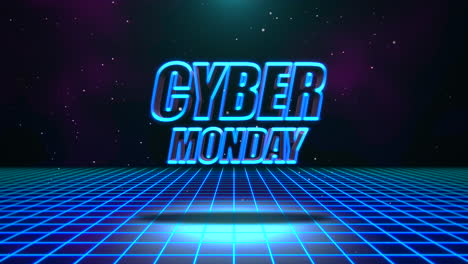 cyber monday with neon blue grid in galaxy in 90s style