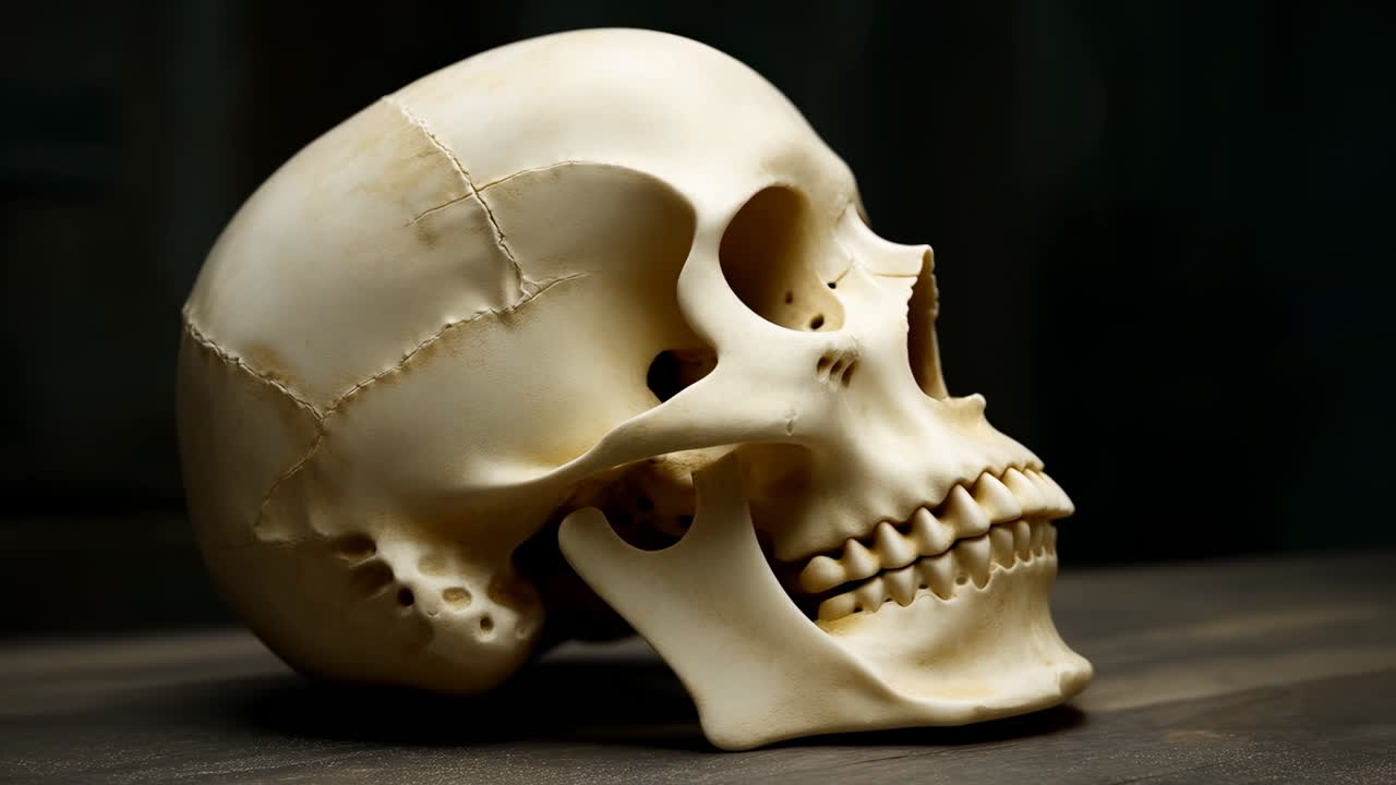 Modello dettagliato di cranio umano di profilo laterale su sfondo scuro