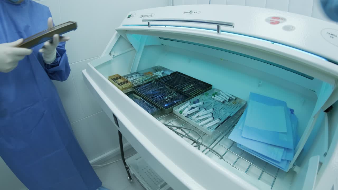 enfermera toma herramientas de esterilización de calor seco de instrumentos médicos