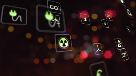 Animation-of-eco-icons-data-processing-over-out-of-focus-city-lights