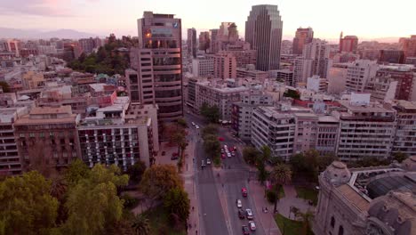 aerial drone view of bellas artes neighborhood in santiago at sunset