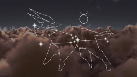 Animation-of-taurus-star-sign-over-clouds-in-sky-in-background