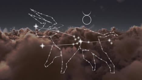 animation of taurus star sign over clouds in sky in background