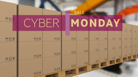 animación del texto de cyber monday sobre cajas de cartón en la cinta transportadora en el almacén