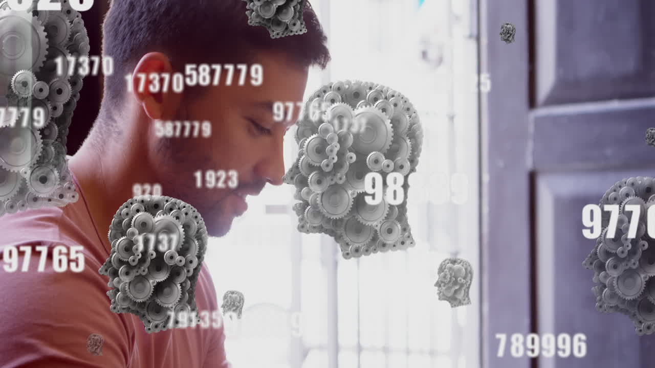 animación de iconos digitales y procesamiento de datos sobre el hombre usando teléfono inteligente