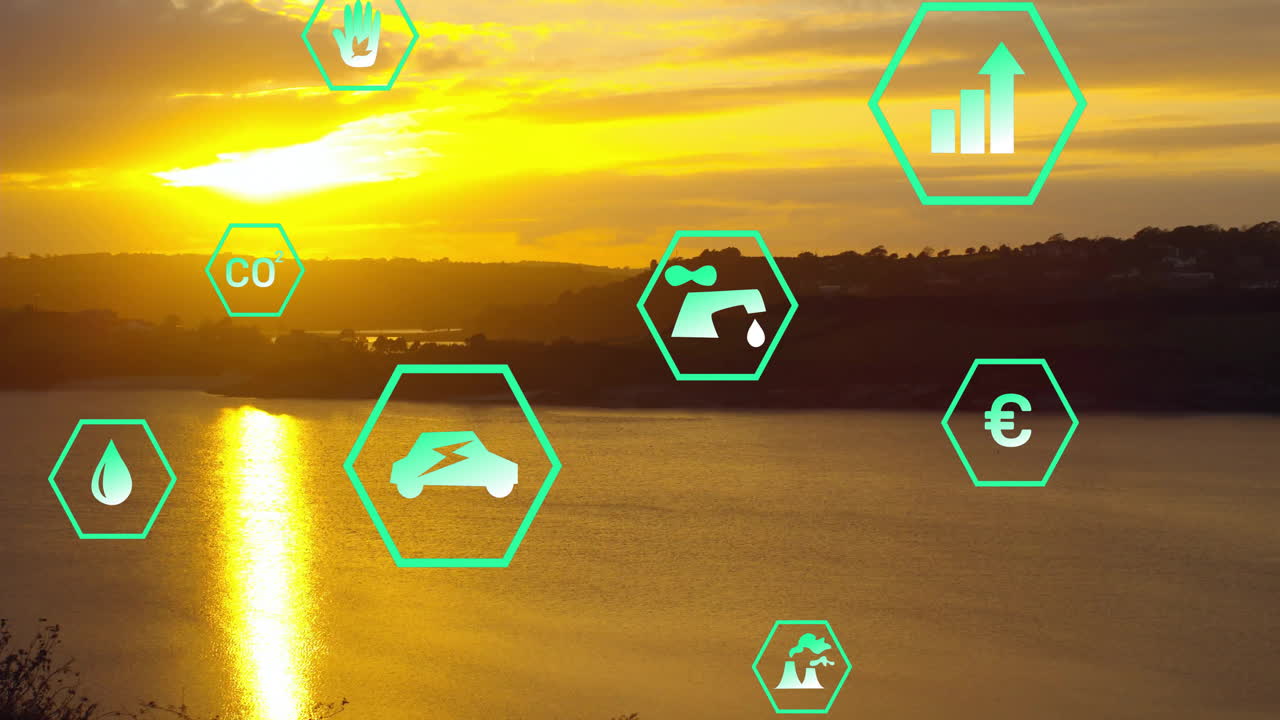 Animation of hexagonal icons with environmental symbols over sunset lake scene