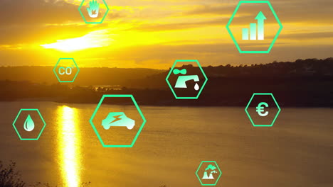 animation of hexagonal icons with environmental symbols over sunset lake scene