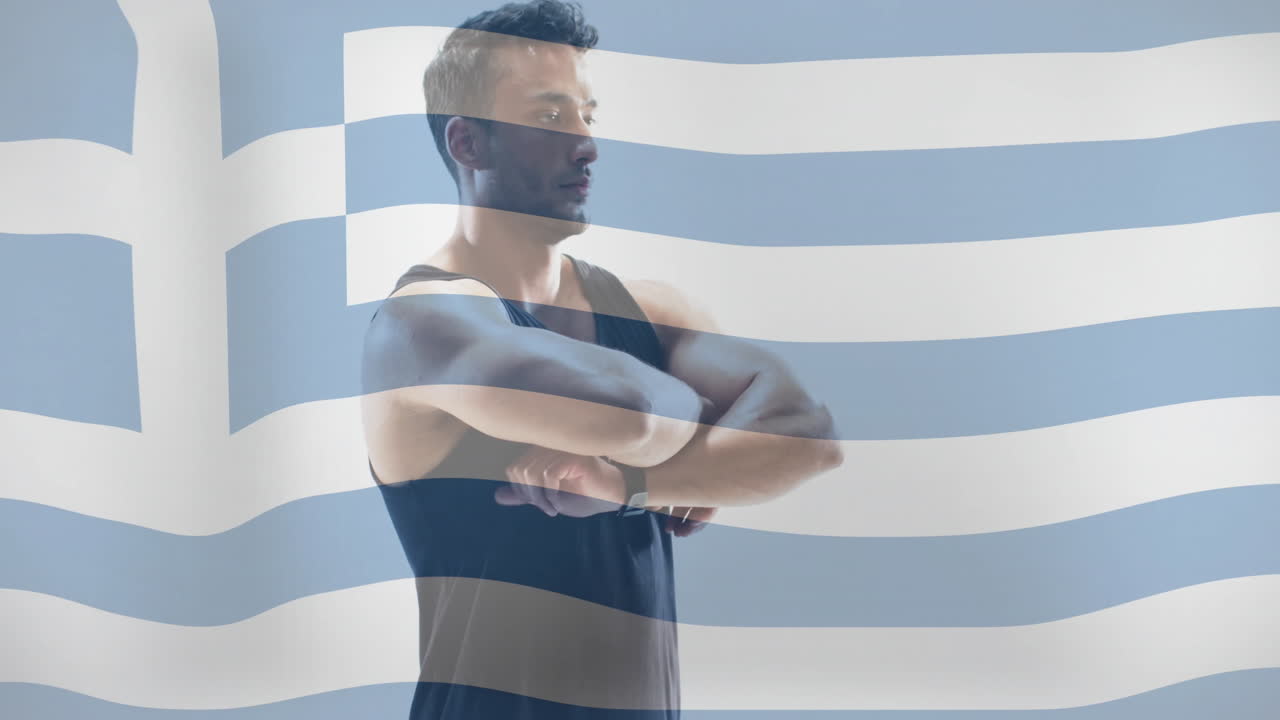 그리스의 발이 두 인종의 남성 운동선수 위에 있는 애니메이션