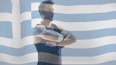 animación de la bandera de grecia sobre atleta masculino biracial