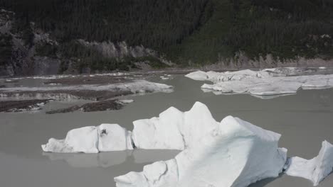 Icebergs-floating-by-the-mountains-of-Alaska--Low-aerial