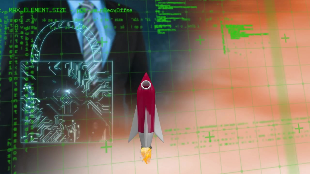 Animation of rocket icon over data processing and padlock