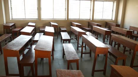 empty classroom with wooden desks and benches