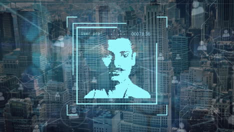 animación del procesamiento de datos con diversos retratos de personas sobre el paisaje urbano