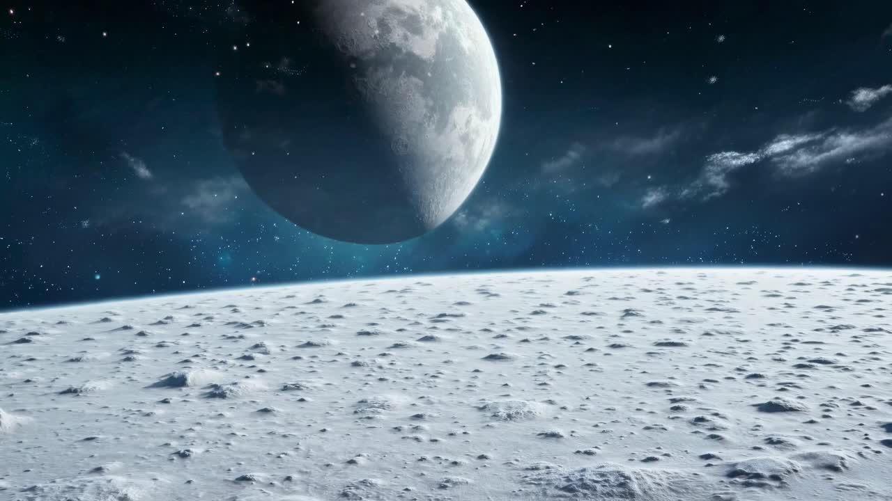 A cinematic video still of a moon's surface with craters, viewed from a low angle
