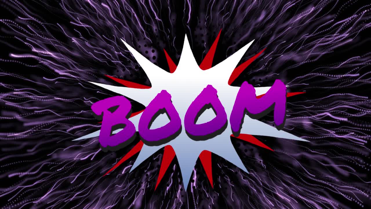 animación de texto púrpura retro boom sobre burbujas de habla de estrellas sobre fondo negro