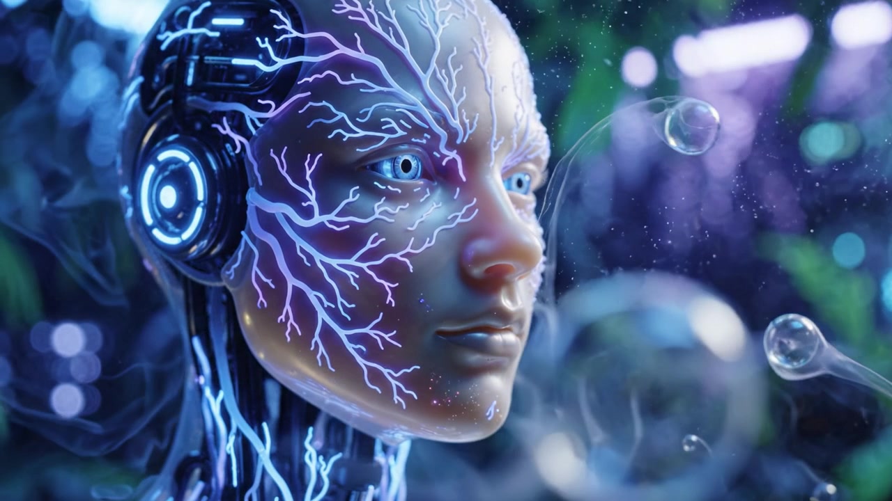 Robot umanoide futuristico con circuiti illuminati e fumo etereo, che mostra tecnologia avanzata e intelligenza artificiale in un ambiente visivamente mozzafiato.