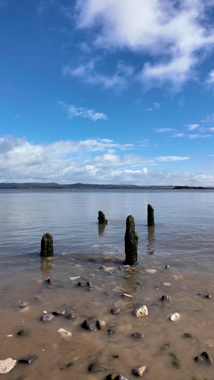 Pali di legno coperti di muschio si ergono nelle acque basse di marea della Baia di Morecambe sotto un cielo luminoso. Video verticale.