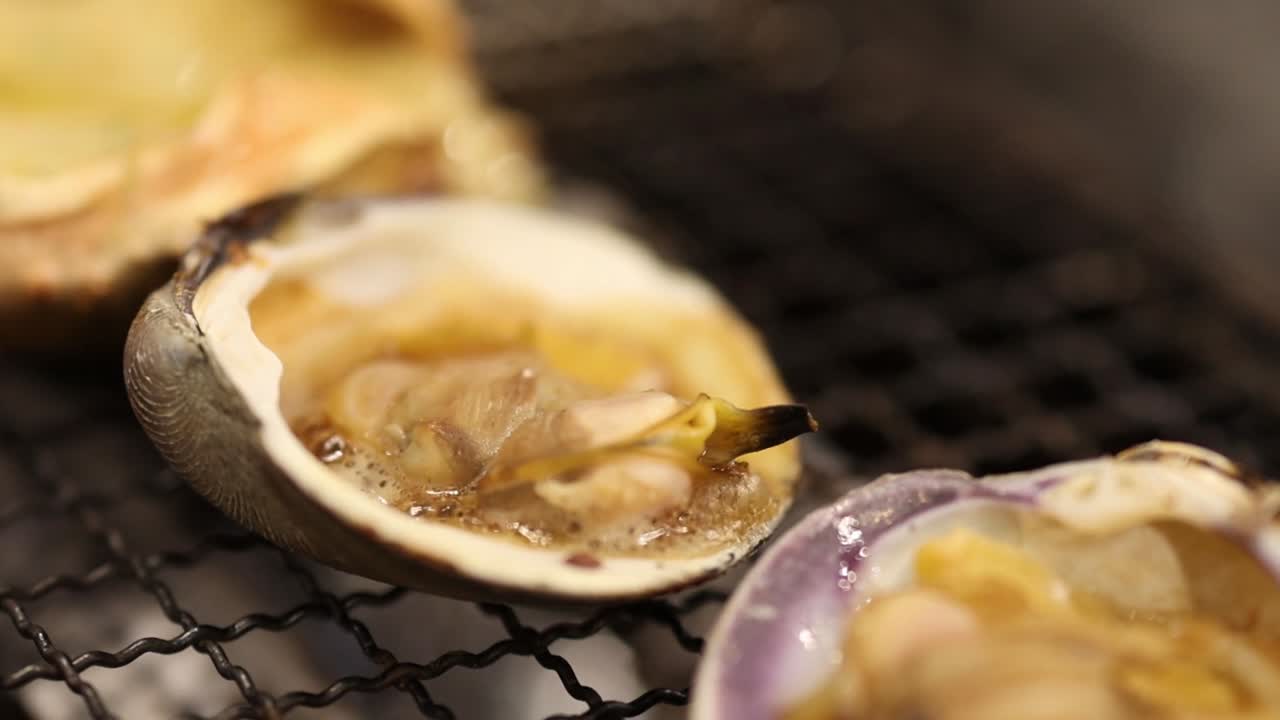 Detailed close-up of scallops and clams cooking over charcoal on a traditional wire grill