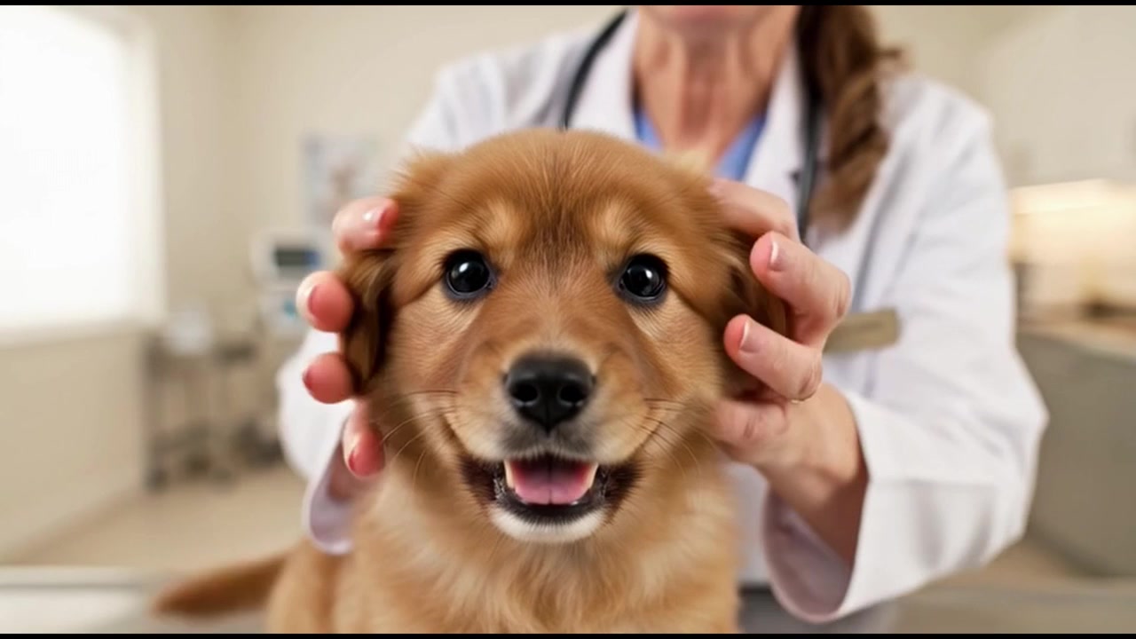 Veterinarian Examining a Cute Golden Retriever Puppy in Clinic