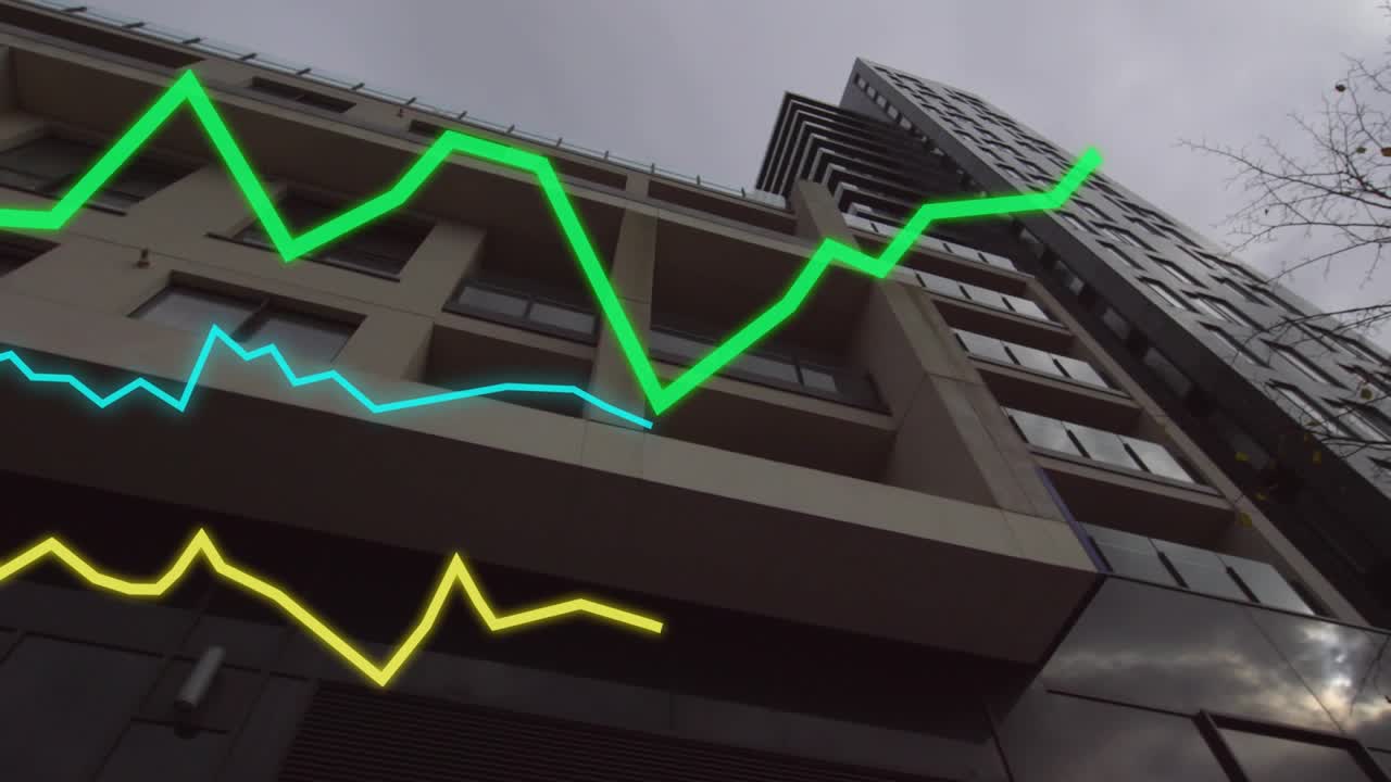 After framing neon line graphs appearing and sweeping across low-angle building, visualizing trends