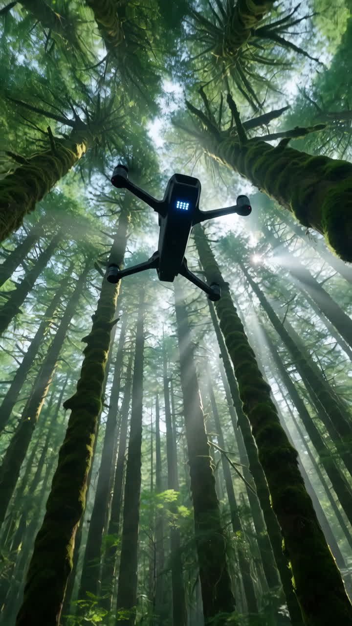 Misty Mossy Forest With Drone Surveying Canopy For Mapping And Conservation, Tall Evergreen Trunks Pierced