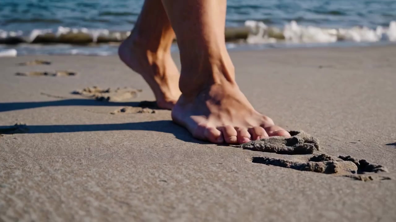 Piedi che camminano su spiaggia sabbiosa lasciando impronte