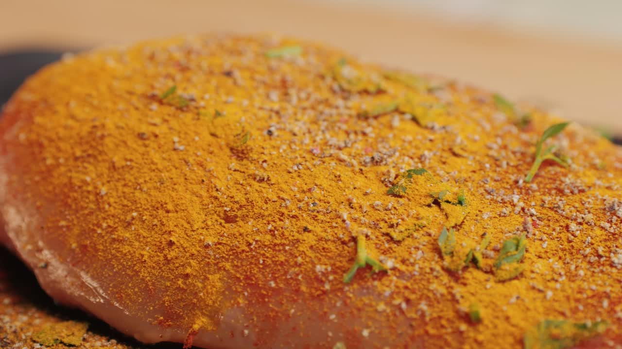 Raw chicken meat in yellow turmeric spice on plate close-up. Preparing raw food for cooking. Grilled chicken, duck, turkey kebab with vegetables.