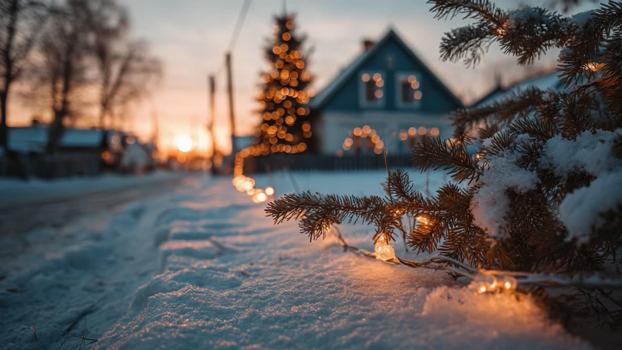 A Serene Winter Sunset Illuminated by Christmas Lights: A Beautiful Snow-Covered Landscape Featuring a Decorated Tree and Cozy Home Amid the Twilight Glow