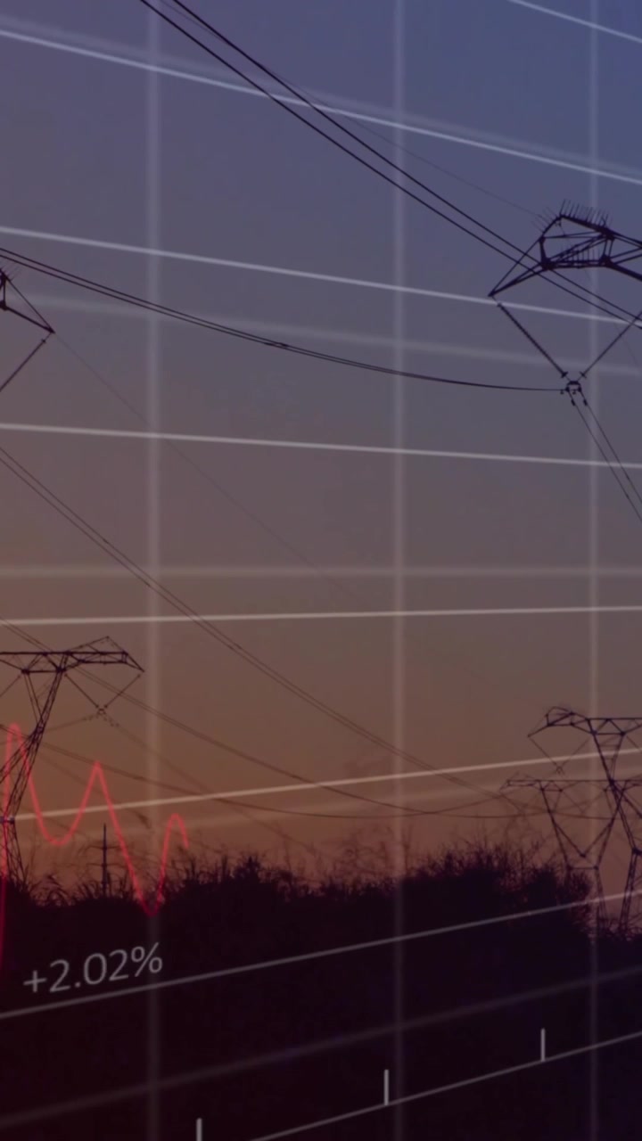 Animação de processamento de dados financeiros sobre torres de energia elétrica no campo