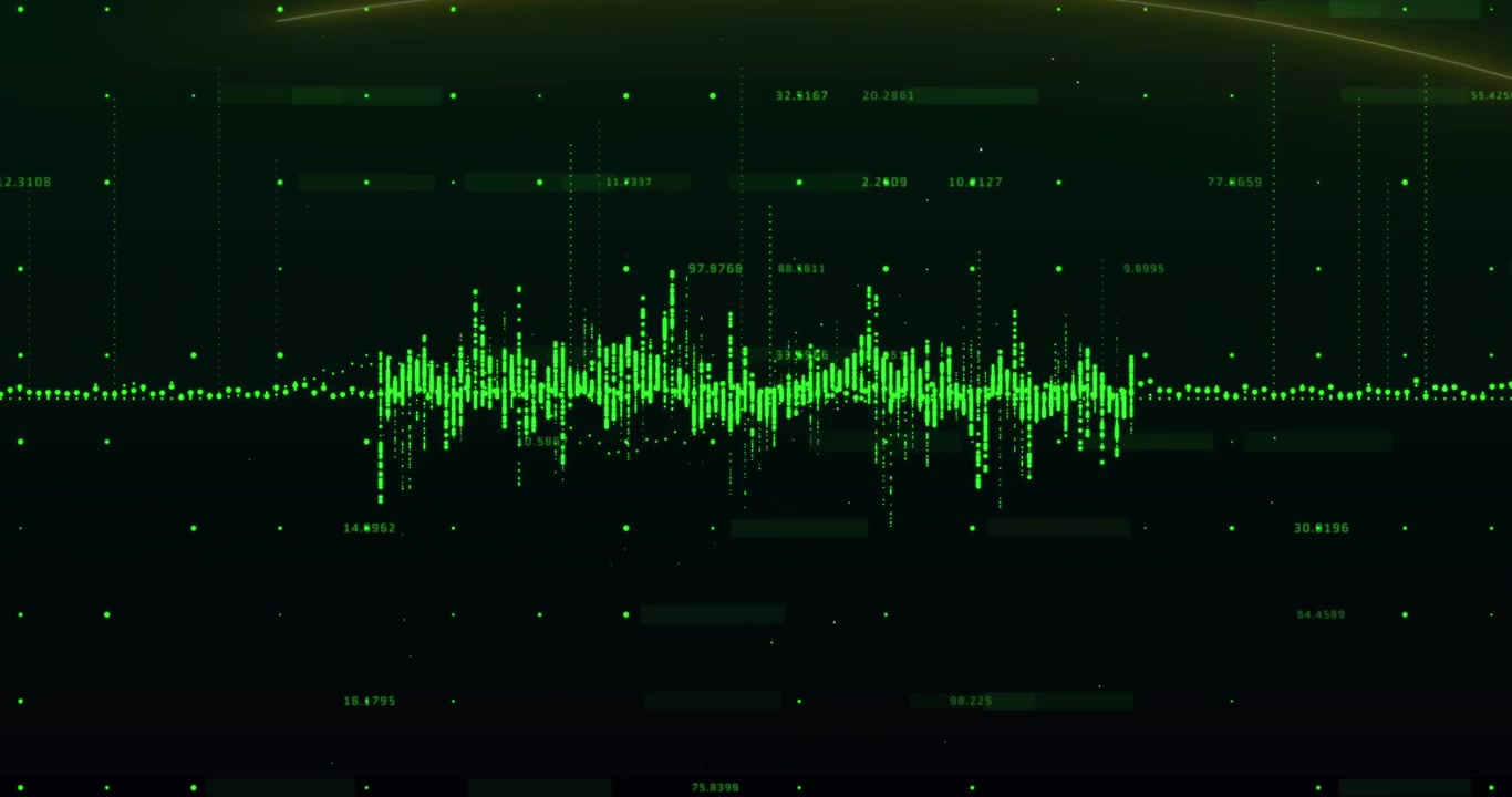 Starting green baseline causing dots pulsing into waveform, labels highlighting peaks
