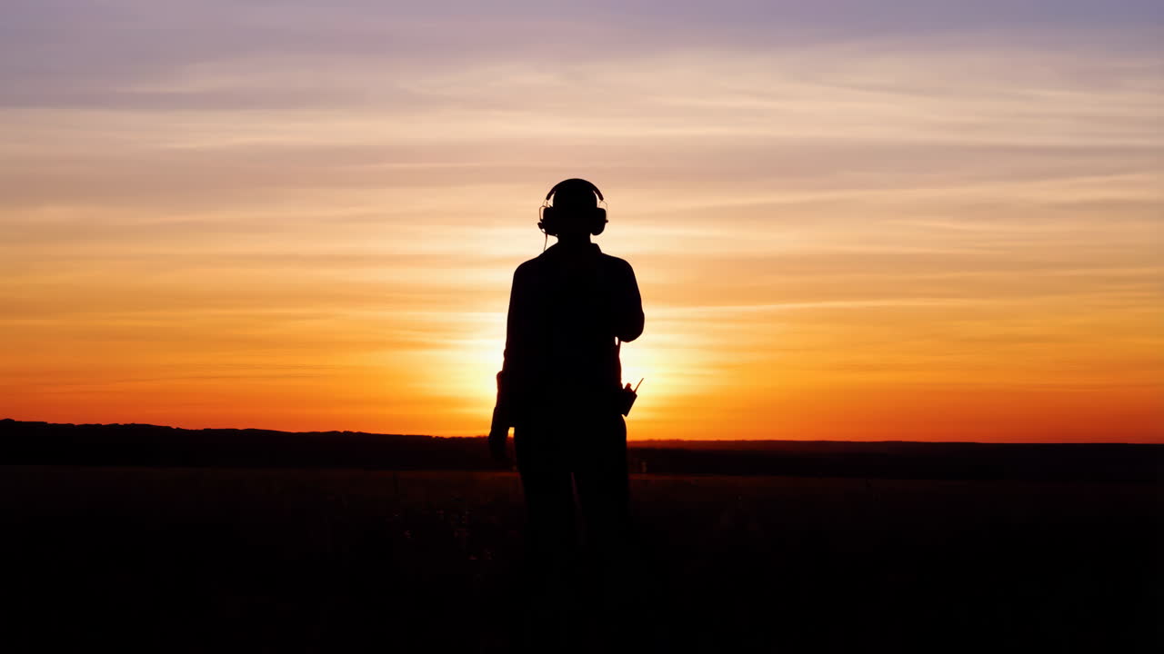 Silhouette of a person wearing headphones against a sunset