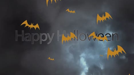 animation of happy halloween text over bats flying on stormy sky