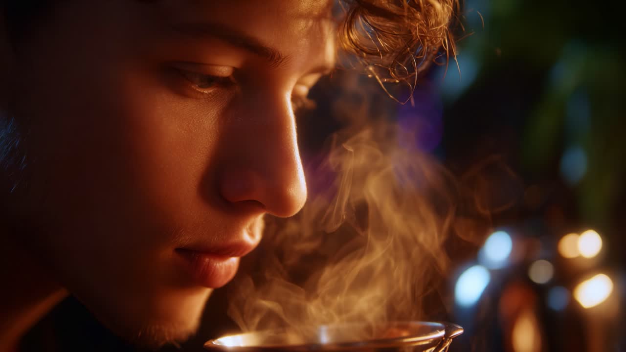 Gros plan sur un jeune homme intensément concentré sur une tasse fumante, capturant un moment de contemplation tandis que la vapeur chaude tourbillonne dans l’atmosphère doucement éclairée qui l’entoure.