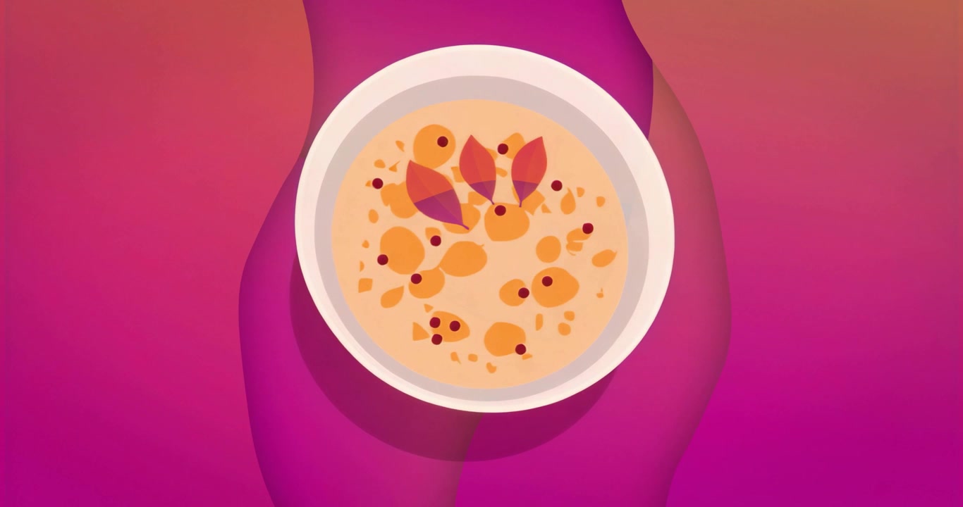 Sfere arancioni che si disperdono attivano foglie magenta che emergono, poi mani che sollevano una ciotola mostrando la zuppa.