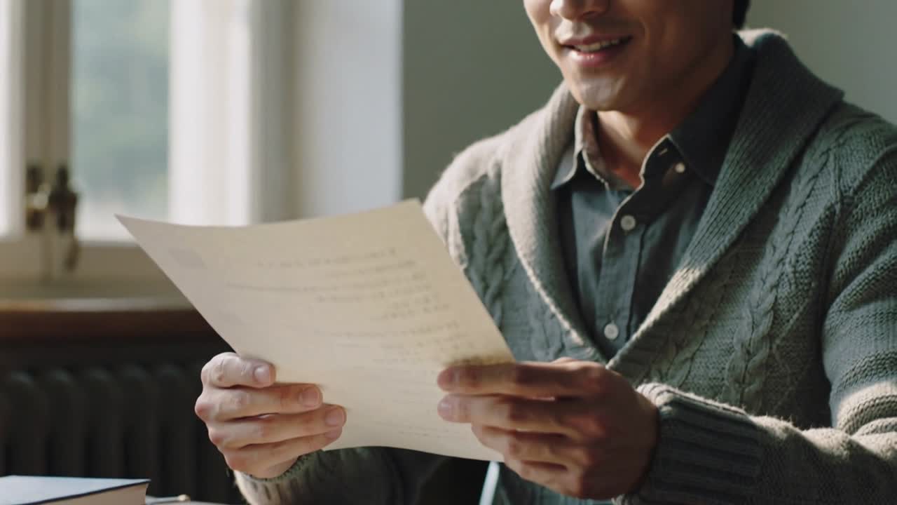 Man lifting paper to read at wooden table, animated highlights guiding focus for business review