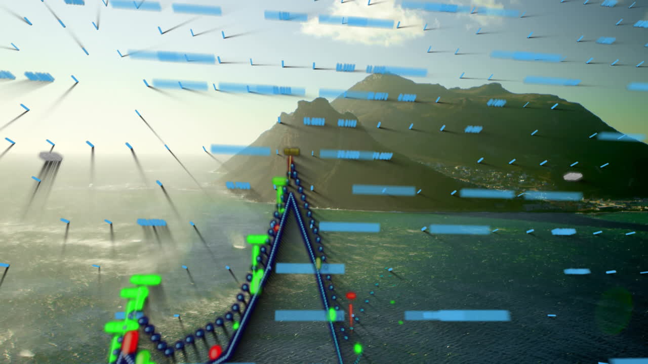 Animation of abstract data visualization over ocean and mountain coastal landscape