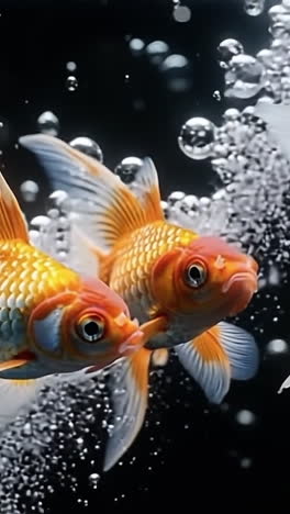 goldfish swimming in bubbles underwater. three vibrant goldfish swim gracefully through bubbles in a dark underwater environment, showcasing their colors.