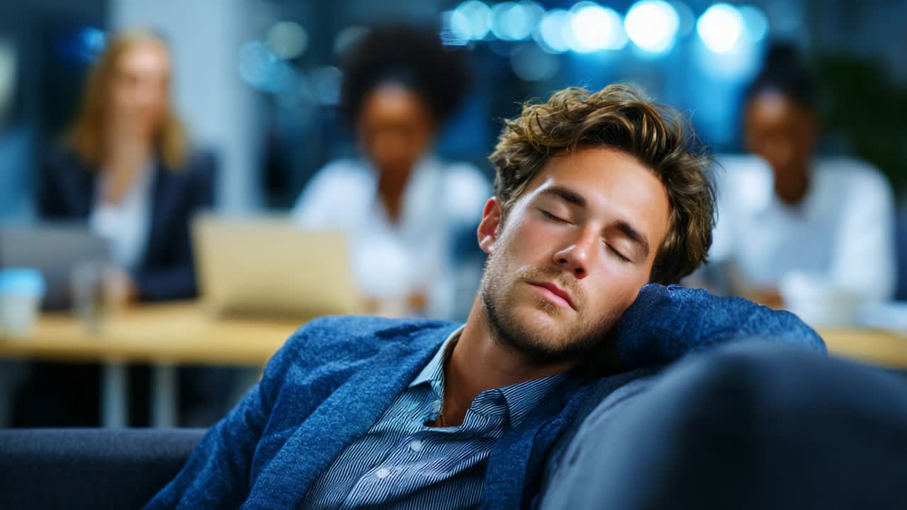 Mand slapper af og sover fredeligt på en sofa i et kontormiljø, mens kolleger arbejder ubemærket i baggrunden, hvilket fremhæver kontrasten mellem hvile og arbejdsengagement