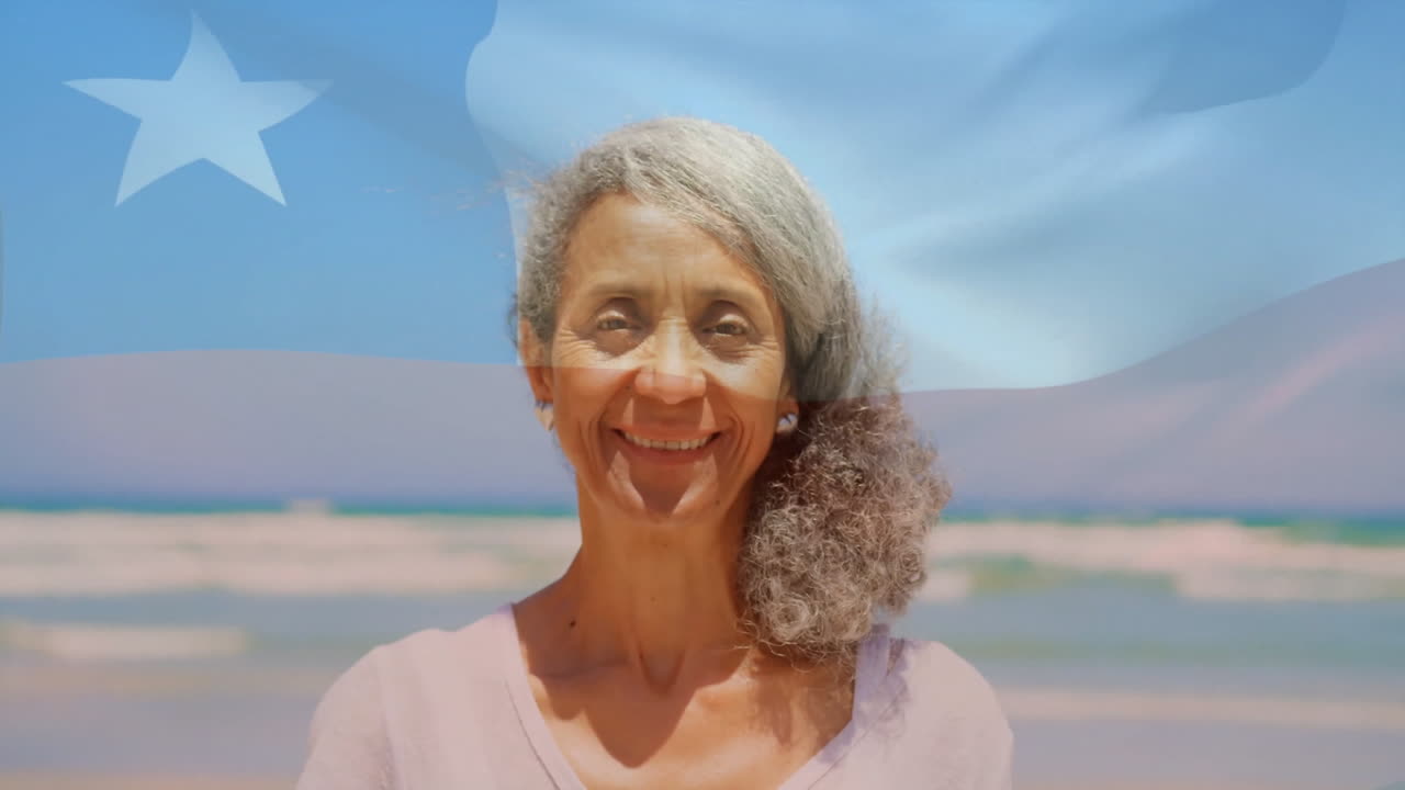 At beach, woman smiling with Chilean flag animation overlay in background