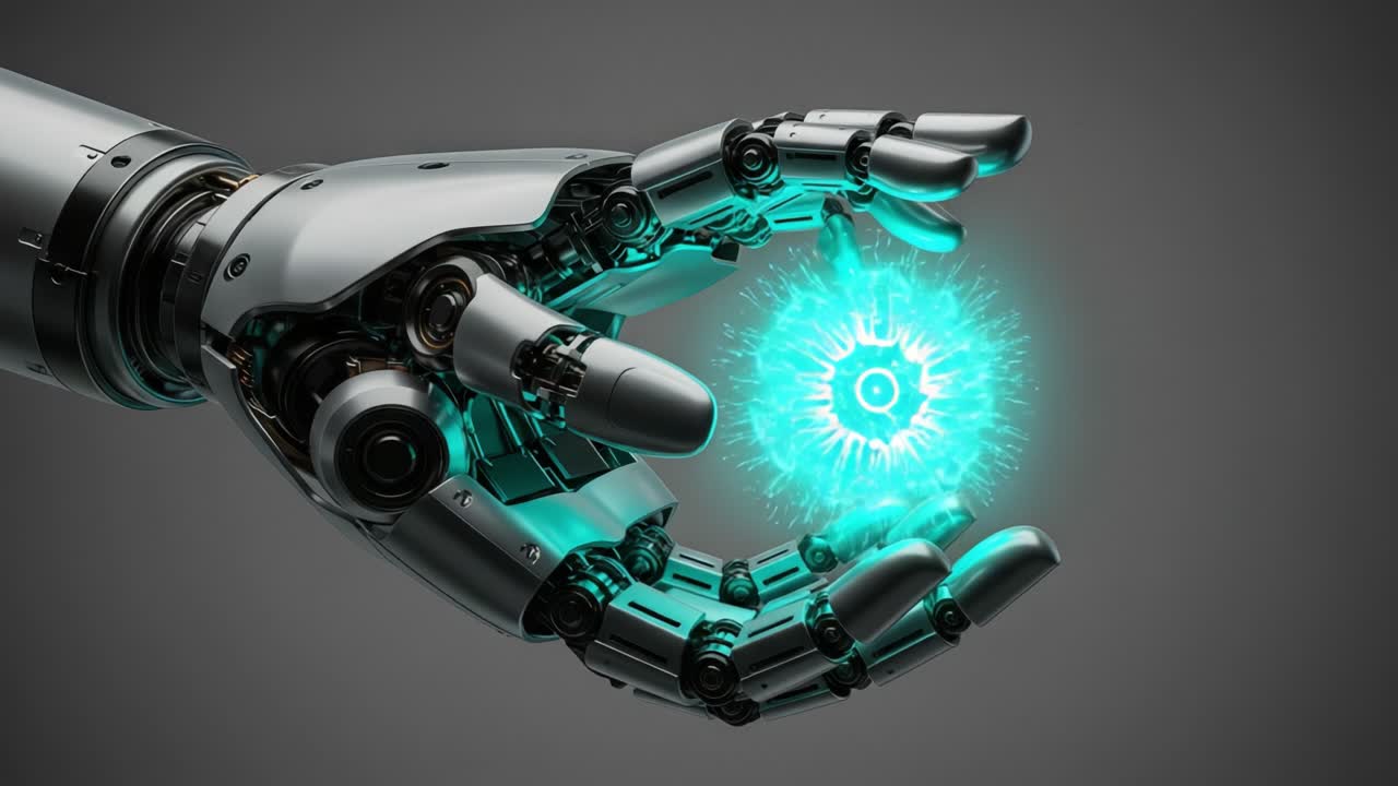 Dynamic Robotic Hand Harnessing Energy with Glowing Energy Sphere in a Futuristic Setting, Illustrating the Intersection of Technology and Innovation