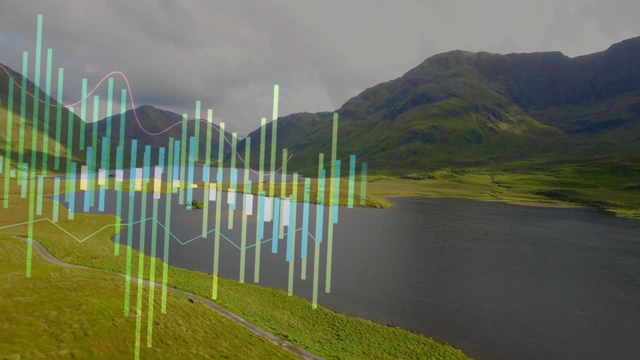 Data charts being animated over mountain landscape, showing translucent bar and line graphs