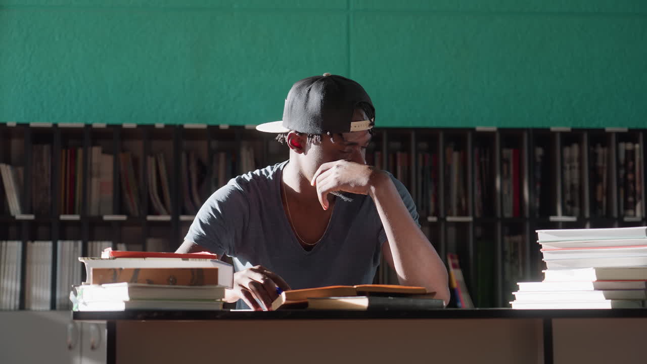 Reflective young man in backward cap sits indoors at desk surrounded by stacks of books, resting chin on hand, gazing thoughtfully to side under warm sunlight