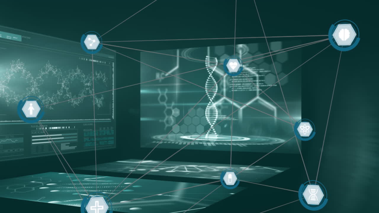 어두운 배경에서 연결 네트워크와 화면의 애니메이션