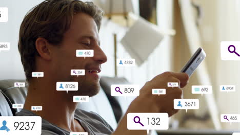 Animation-of-changing-numbers,-icons-in-notification-bars,-caucasian-man-looking-at-smartphone